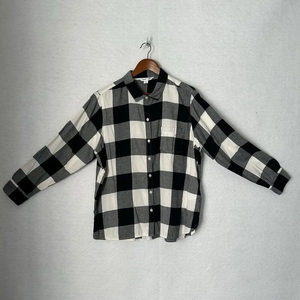 Old Navy Shirt Women XXL Black White Plaid Buffalo Classic Flannel Preppy Casual - Picture 11 of 12
